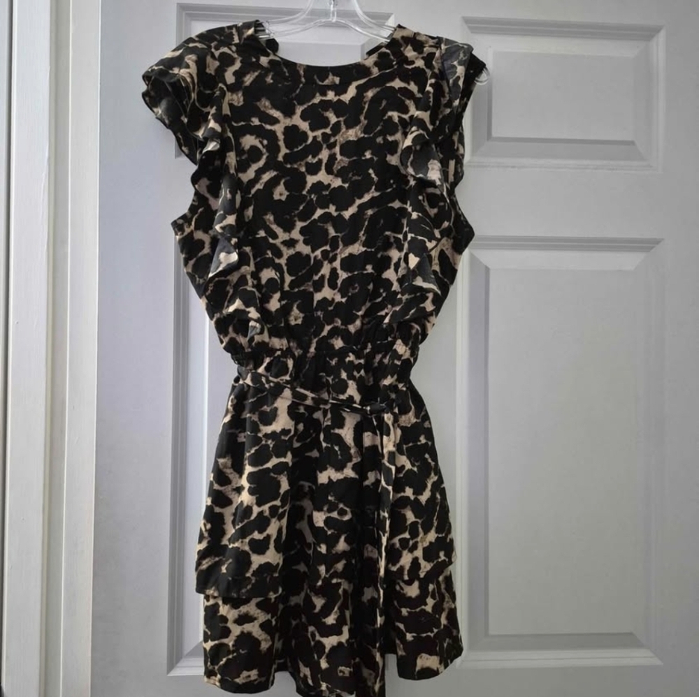 Womens Black and Cream Leopard Print Ruffle Romper